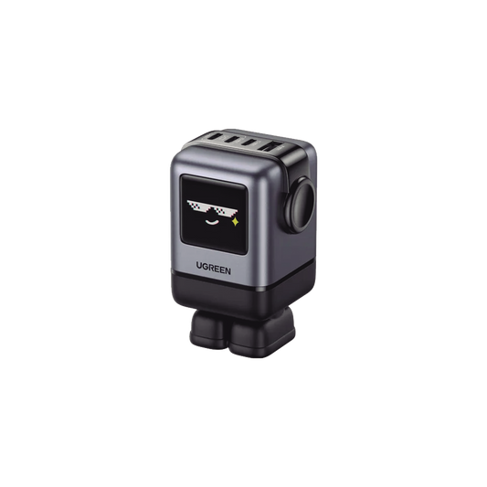 Cargador RobotGaN de 100W Serie UNO | 4 Puertos de Carga Rápida | 3 USB-C | 1 USB-A | PD 3.0 | QC 4.0 | Carga Inteligente | Tecnología GaN II | Zapato Magnético Extraíble | Carcasa Ignifuga | Pantalla LED