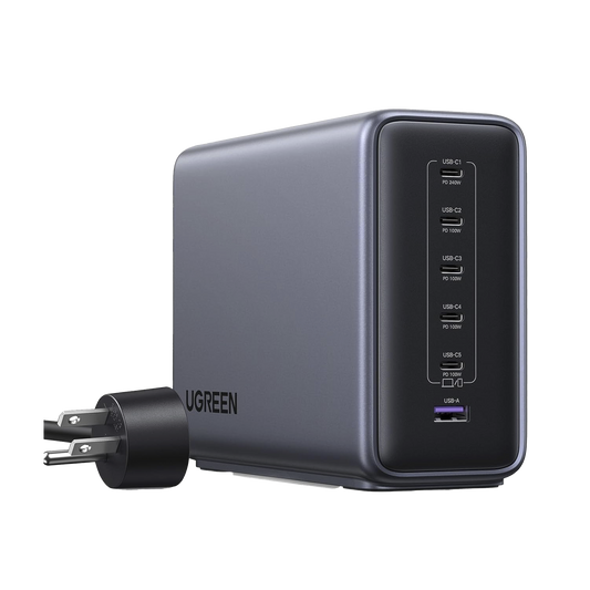 Cargador rapido de escritorio GaN de 500 W y 6 puertos.