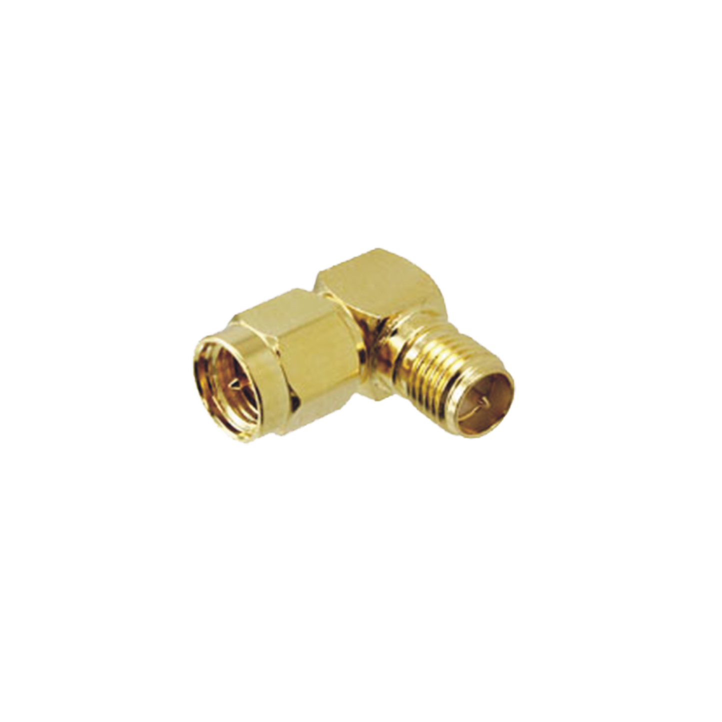 Adaptador en Ángulo Recto, de Conector SMA Macho a SMA Hembra Inverso, Oro/ Oro/ Teflón.