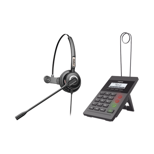 Kit Fanvil para Call Center incluye teléfono IP X2CP Y diadema HT201 y fuente de alimentación.