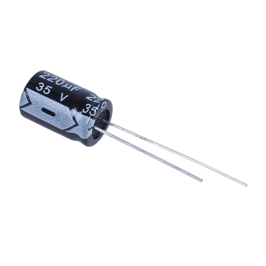 Capacitor Electrolítico Radial en Aluminio de 220 µFd, 35 Vcc, 105 °C, 10 x 12.5 mm.