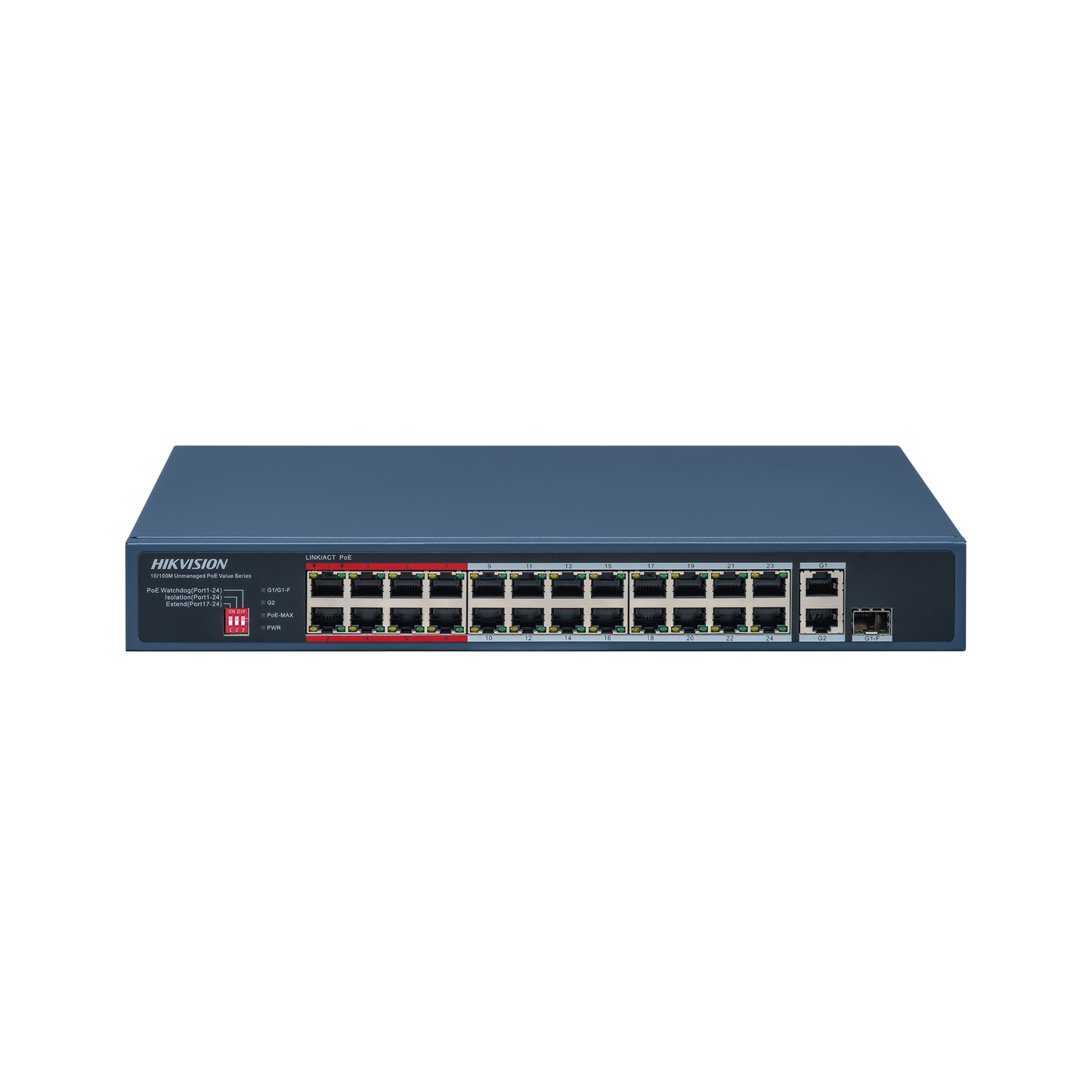 Switch PoE+ / No Administrable / 24 Puertos 10/100 Mbps PoE+ / 2 Puertos 1000 Mbps Uplink / 1 Puerto SFP Uplink / Modo Extendido hasta 300 Metros / 230 W