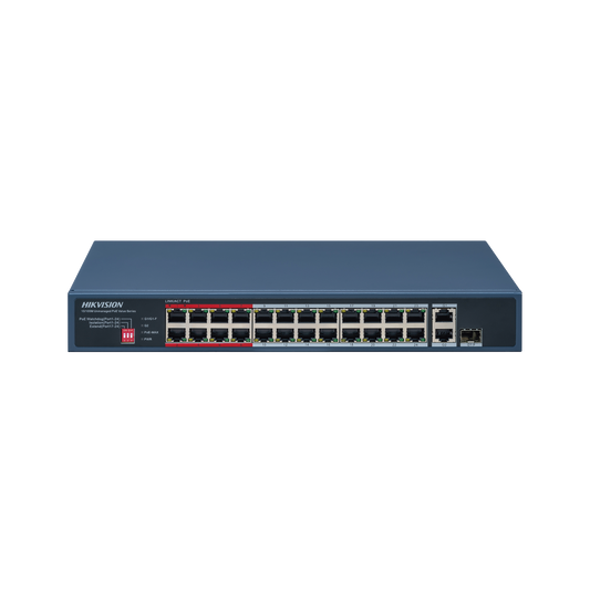 Switch PoE+ / No Administrable / 24 Puertos 10/100 Mbps PoE+ / 2 Puertos 1000 Mbps Uplink / 1 Puerto SFP Uplink / Modo Extendido hasta 300 Metros / 230 W