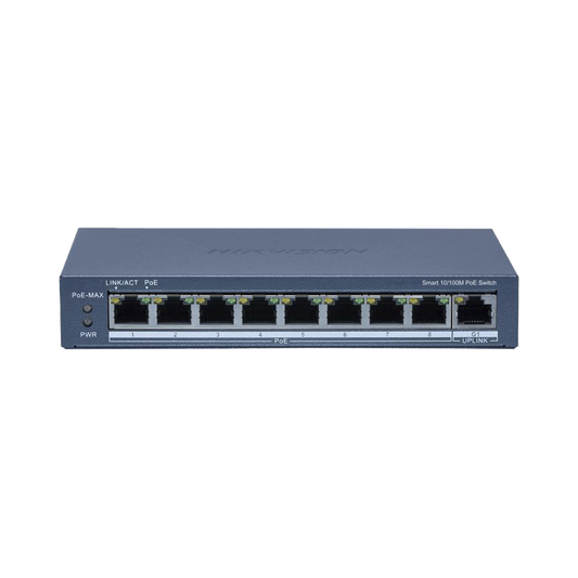 Switch PoE+ / Monitoreable / 8 Puertos 10/100 Mbps PoE+ / 1 Puerto 1000 Mbps Uplink /  Configuración Nube Hik-Partner Pro / Modo Extendido hasta 300 metros / 60 W