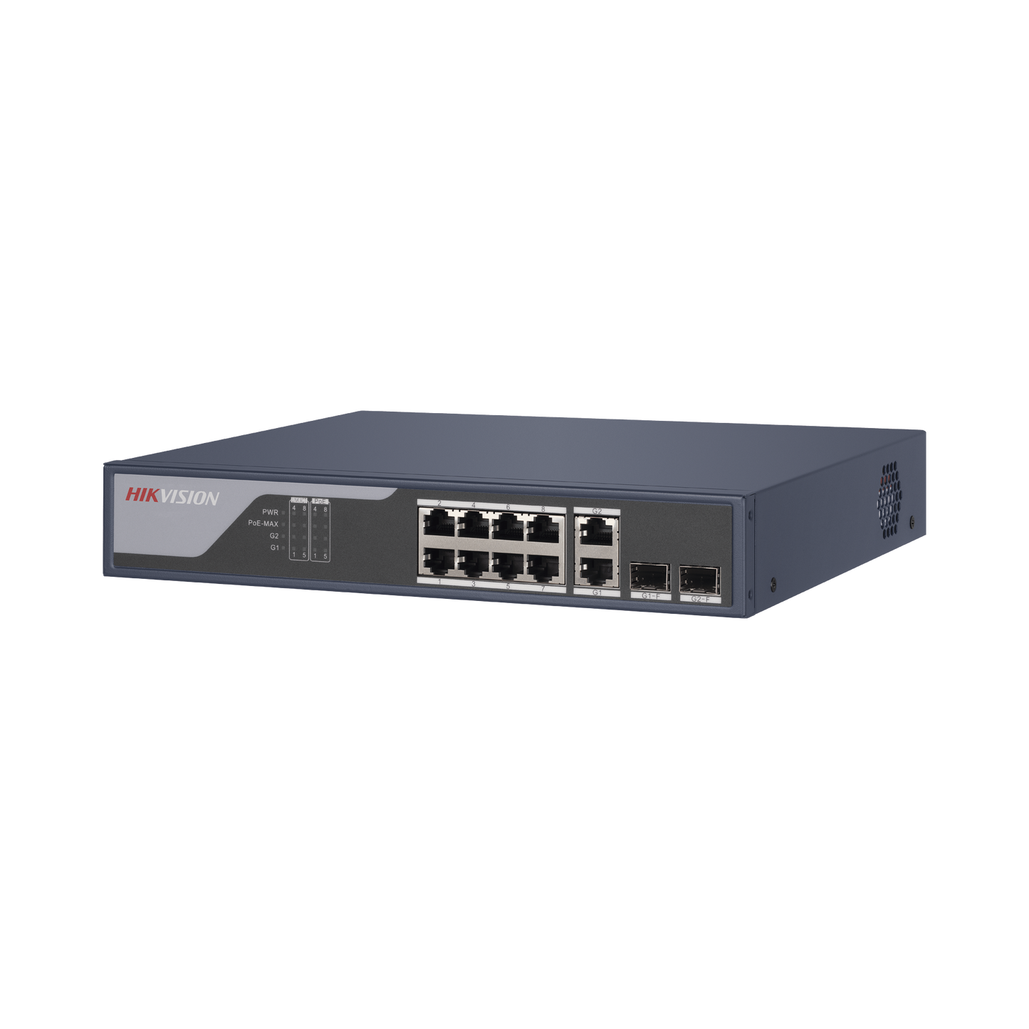 Switch PoE+ / Administrable / Uso en Rack / 8 Puertos 10/100 PoE+ /  2 Puertos 1000 Mbps Uplink  / 2 Puertos SFP / Configuración Nube desde Hik-PartnerPro / Modo Extendido hasta 300 Metros / 125 W