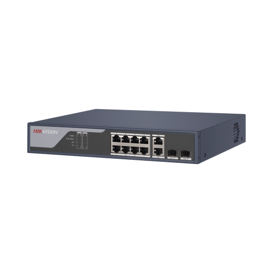 Switch PoE+ / Administrable / Uso en Rack / 8 Puertos 10/100 PoE+ /  2 Puertos 1000 Mbps Uplink  / 2 Puertos SFP / Configuración Nube desde Hik-PartnerPro / Modo Extendido hasta 300 Metros / 125 W