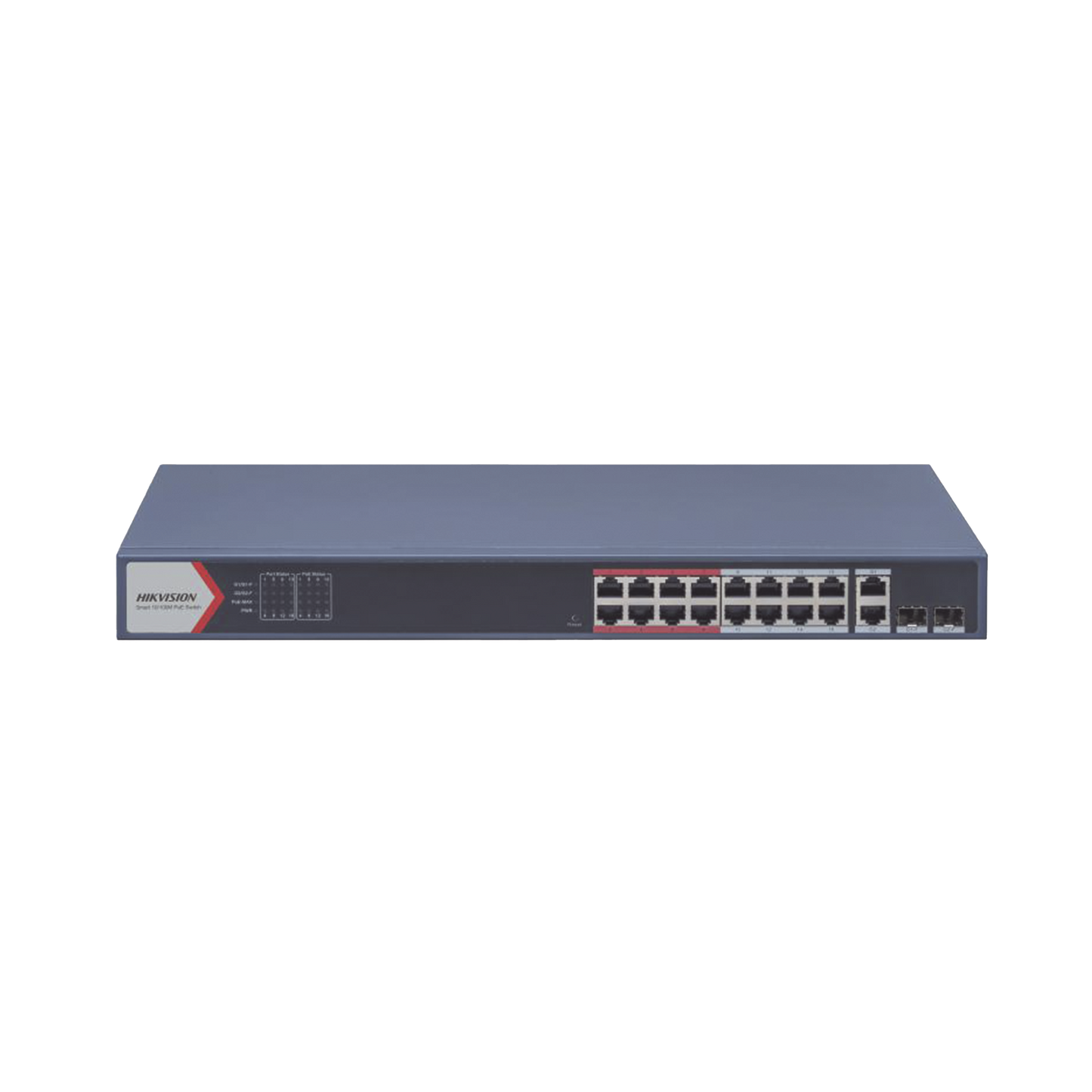 Switch PoE+ / Monitoreable / 16 puertos 10/100 Mbps PoE+ / 2 Puertos 1000 Mbps Uplink / 2 Puertos SFP de Uplink /  Configuración Nube Hik-Partner Pro / Modo Extendido hasta 300 metros / 230 W