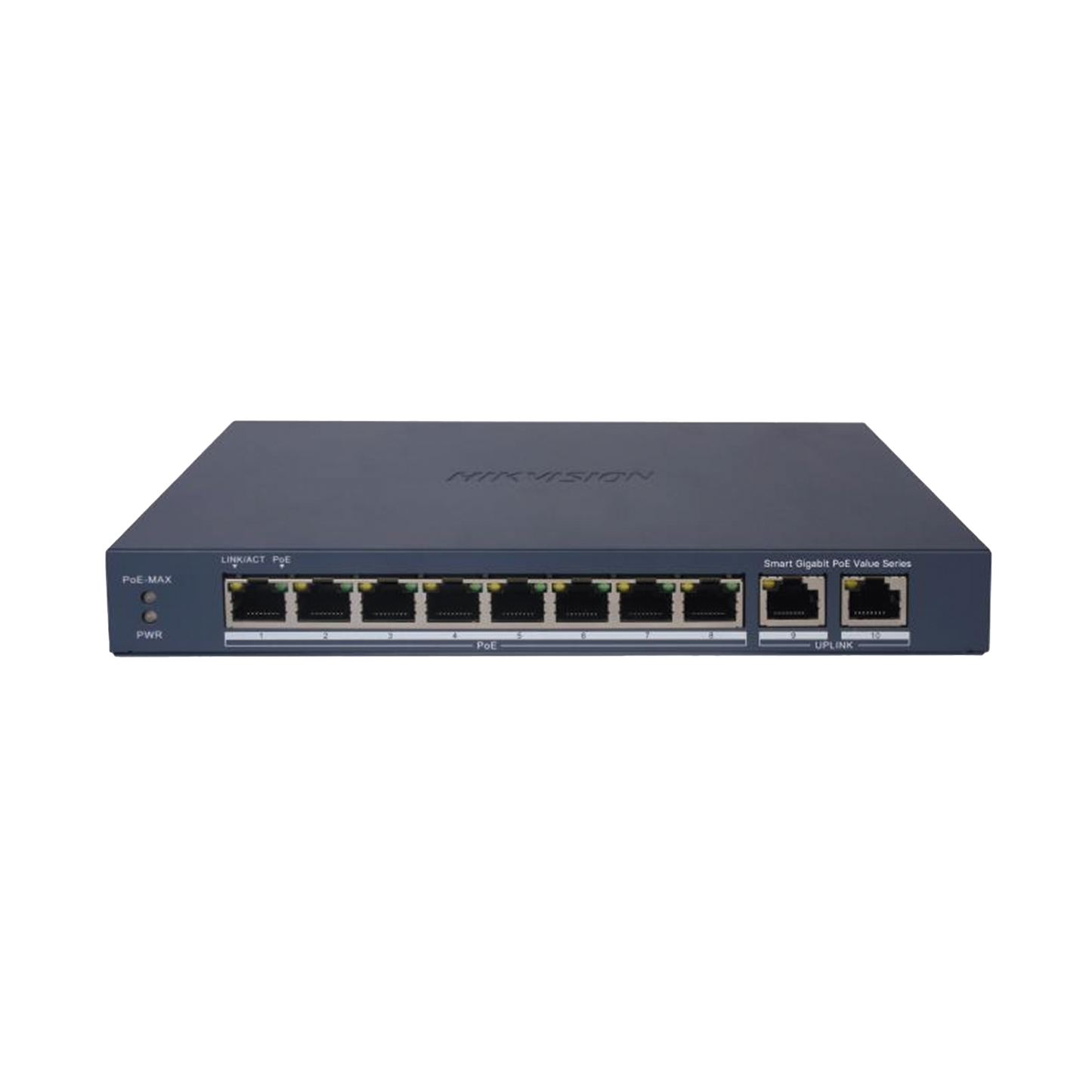 Switch Gigabit PoE+ / Administrable / 8 Puertos 1000 Mbps PoE+ / 2 Puertos 1000 Mbps de Uplink / Configuración Nube Hik-PartnerPro / Modo Extendido hasta 300 Metros / 60 W