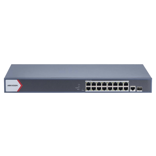 Switch Gigabit PoE+ / Monitoreable / 16 Puertos 1000 Mbps PoE+ / 1 Puerto 1000 Mbps de Uplink / 1 Puerto SFP /  Configuración Nube desde Hik-PartnerPro / Modo Extendido hasta 300 Metros / 130 Watts