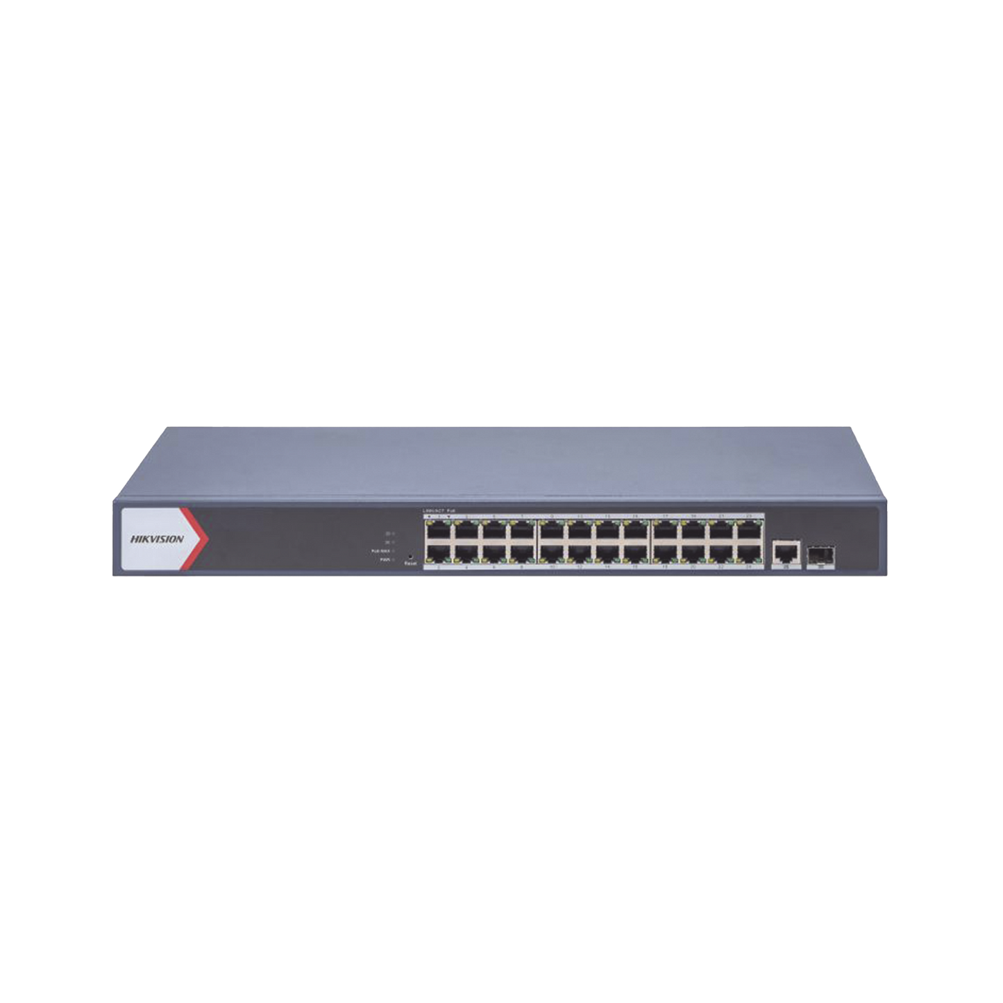 Switch Gigabit PoE+ / Administrable / 24 Puertos 1000 Mbps PoE+ /  1 Puerto 100 uplink / 1 Puerto 1000 Mbps Uplink / 1 Puertos SFP Uplink / Configuración Nube desde Hik-PartnerPro / Modo Extendido hasta 300 Metros / 370 W
