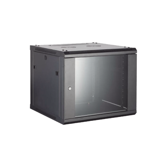 Gabinete para Montaje en Pared - Piso / Puerta de Cristal Templado / Cuerpo Fijo / 12 Unidades de Rack / 19" / Fabricado en Acero