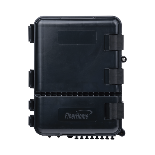 Caja de Distribución de Fibra Óptica para 24 Empalmes, con 8 acopladores SC/APC simplex, Exterior IP55, Color Negro