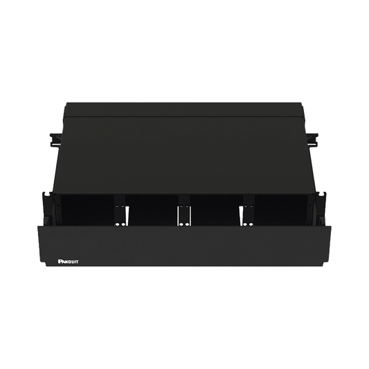 Panel de Distribución de Fibra Óptica, Acepta 8 Placas FAP o FMP, Bandeja Deslizable, Hasta 192 Fibras, Color Negro, 2 UR