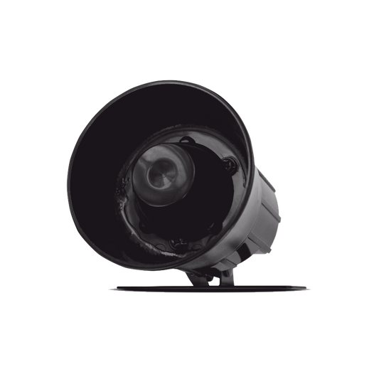 Sirena de alarma de 106dB 12 Vcd que se incluye con la mayoría de los sistemas de seguridad Compustar