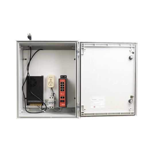 Switch PoE Industrial para exterior / 8 puertos Gigabit con 8 puertos PoE 802.3at / Protección térmica 2P, 16A, Corriente Alterna 400 Vca