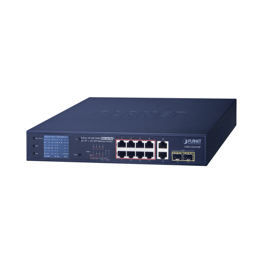 Switch No Administrable 8 Puertos Gigabit con Modo Extender a 250 m,  2 Puertos Uplink 10/100/1000 Mbps, 2 Puertos SFP