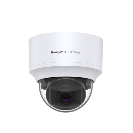 Domo IP 5 MP / Lente Mot. 2.7 a 13.5 mm / Interior / 30 mts IR / H.265 / NDAA / ONVIF / IP52 / IK10 / Detección Sabotaje / Movimiento / Rostros / Intrusión / Merodeo / Objeto Abandonado / Audio I/O / PoE / Serie 60 / Honeywell Security