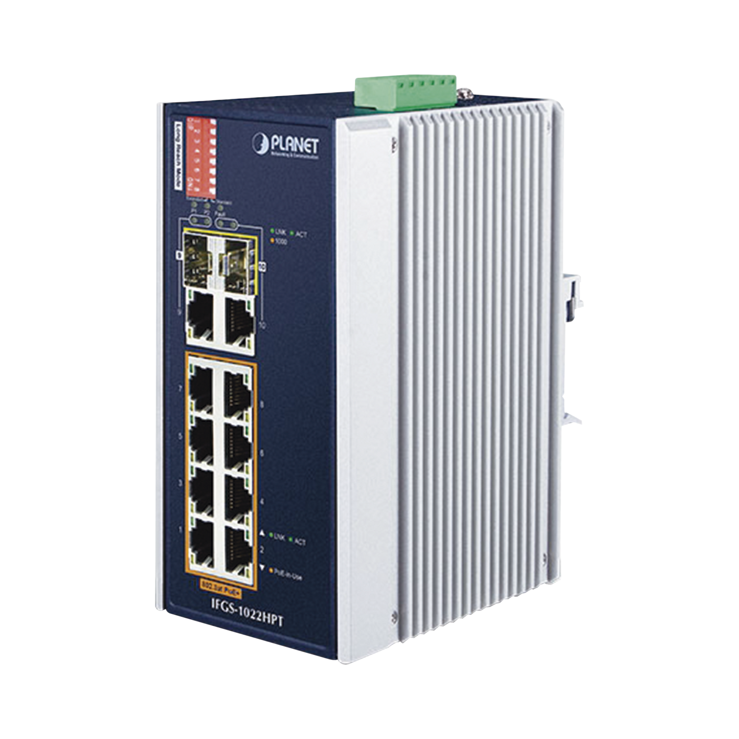 Switch Industrial PoE no administrable de 8 Puertos 10/100TX 802.3at,  Hasta 240 W, Combo TP / SFP Gigabit TP / SFP  (-40 ~ 75 grados C)