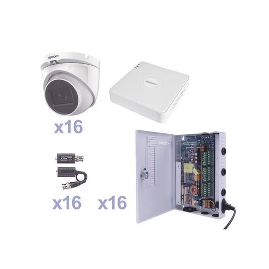 KIT TurboHD 1080p Lite / DVR 16 Canales / 16 Cámaras Eyeball  Exterior ( 2.8mm) / Transceptores / Conectores / Fuente de Poder Profesional
