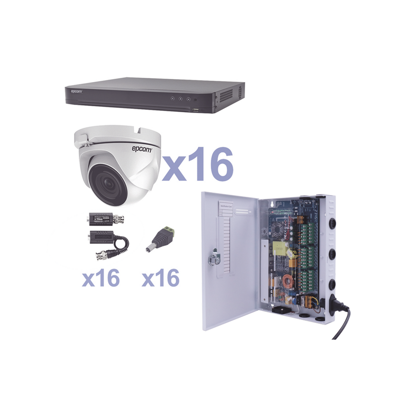 KIT TurboHD 1080p / DVR 16 Canales / 16 Cámaras Eyeball (exterior 2.8 mm) / Transceptores / Conectores / Fuente de Poder Profesional