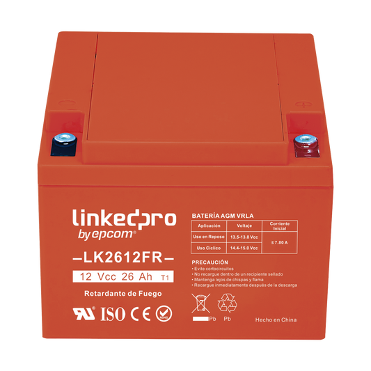 Batería 12 V / 26 Ah / UL / Tecnología AGM-VRLA / Vida útil promedio de 5 años / Retardante a la Flama / Para uso en equipo electrónico, Alarmas de Intrusión / Incendio/ Control de acceso / Video Vigilancia / Term