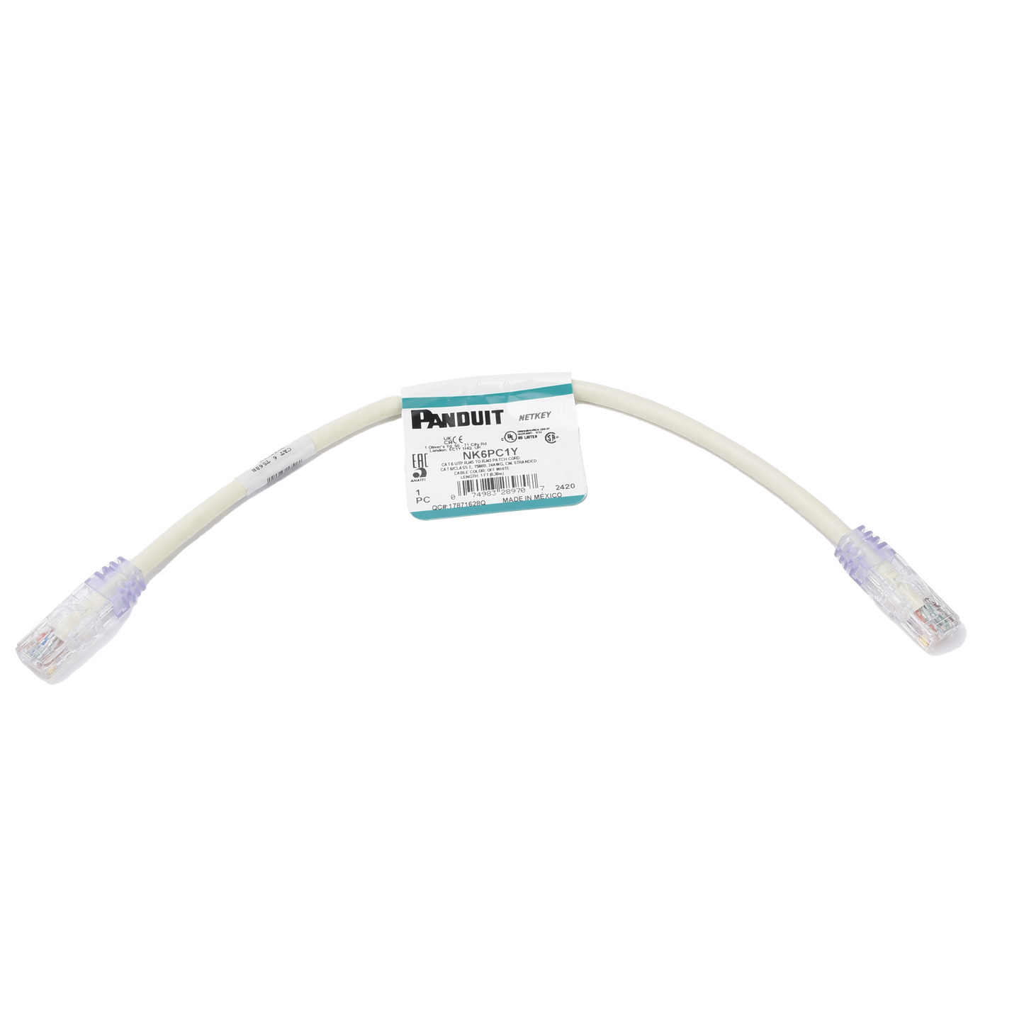 Cable de parcheo UTP Categoría 6, con plug modular en cada extremo - 1 ft (30.48 cm) - Blanco