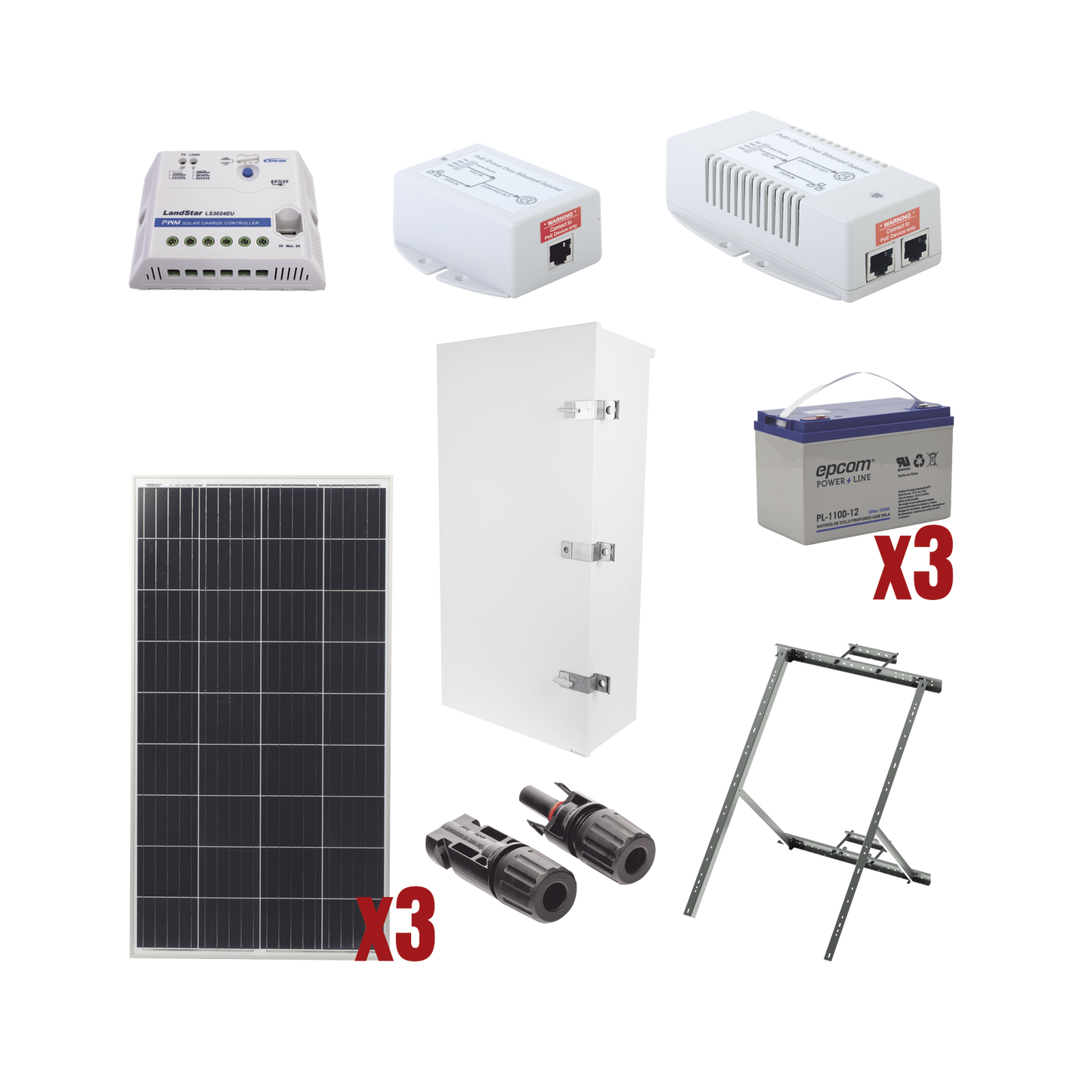 Kit Solar de 35 W con PoE 802.3af y PoE Pasivo 24 Vcc para una Cámara IP y un Radio Ubiquiti airMAX o Cambium ePMP.