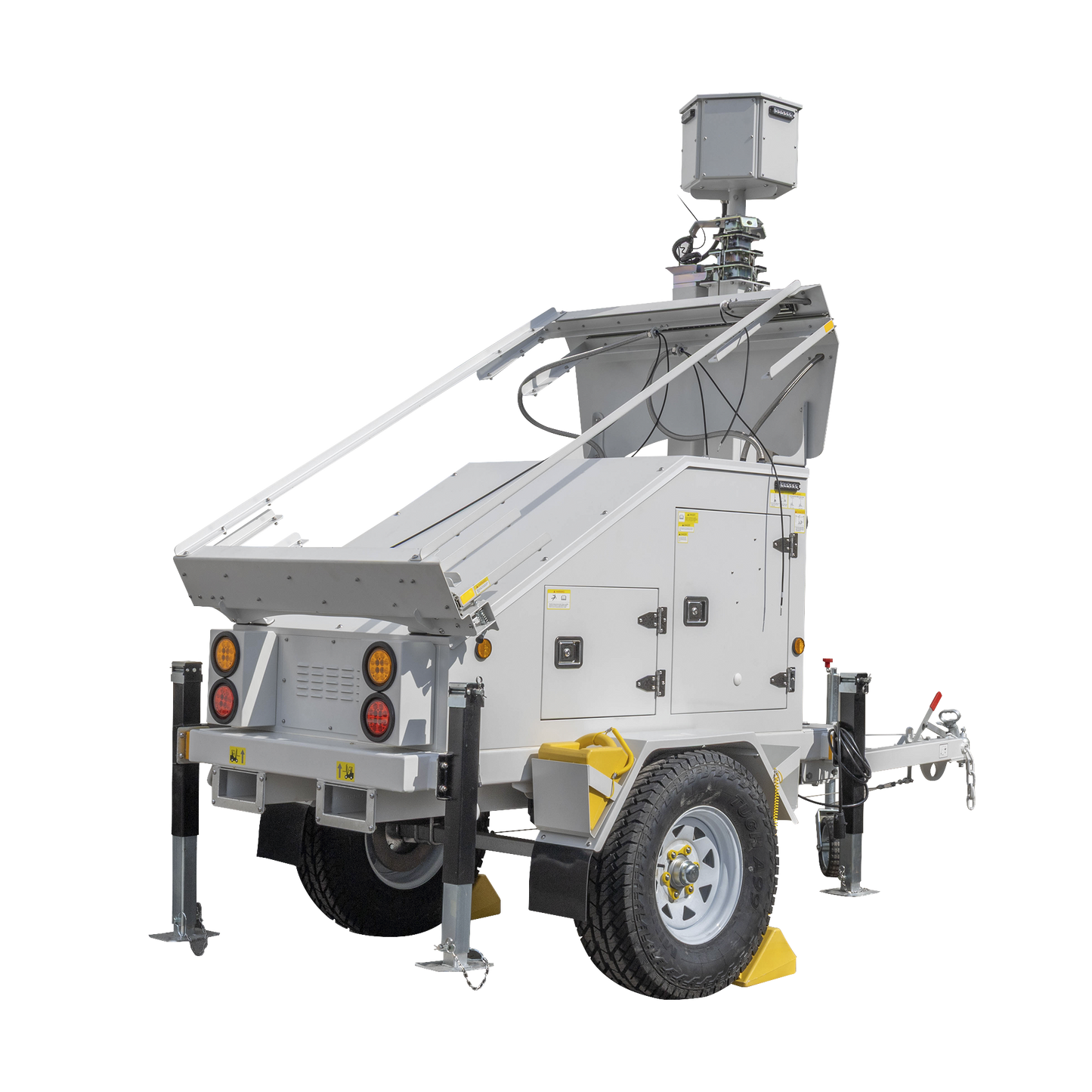 Traila / Remolque con Mástil Retráctil de 7.5 m. para Videovigilancia o Iluminación, con Bases para Instalar Paneles Solares y Baterías (No incluidos)