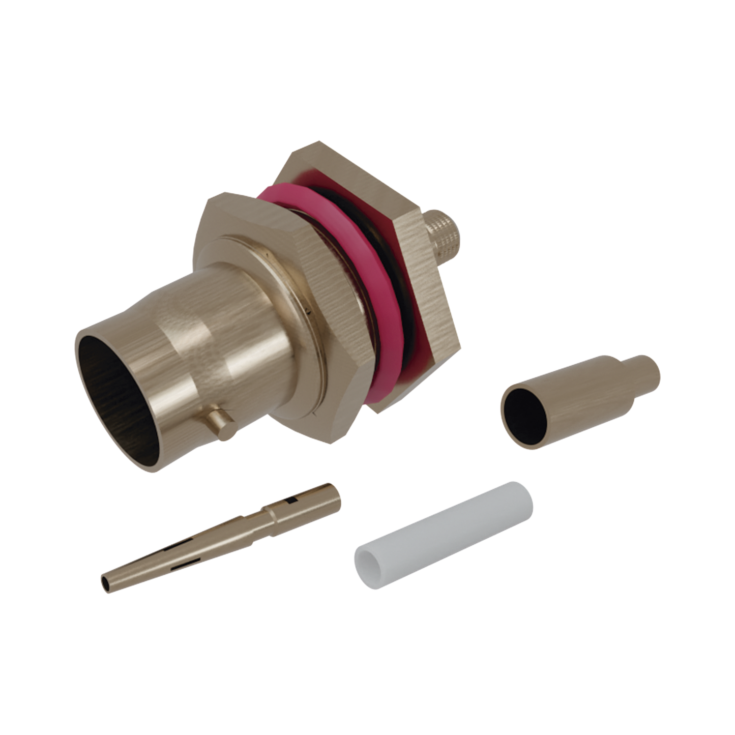Conector BNC Hembra/ Chasis en D-Plano de Anillo Corto/ RG-174, RG-316, Níquel/Oro/Teflón.â??