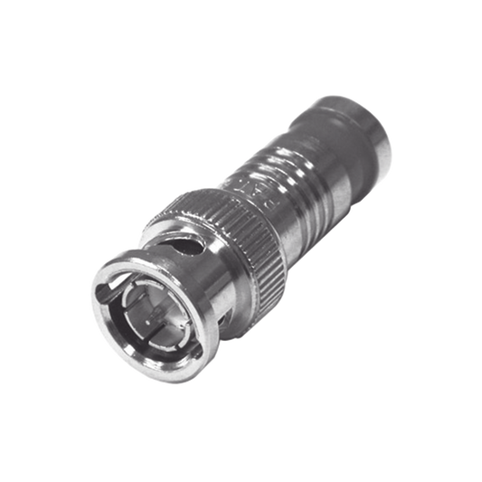 Conector BNC Macho de 75 Ohm, Montaje de Compresión Axial para RG-59/U, Níquel/ Oro/ Teflón.