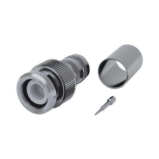 Conector BNC Macho (75 Ohm No Reales), Anillo Plegable para RG-59/U/62, Níquel/ Níquel/ Delrin.