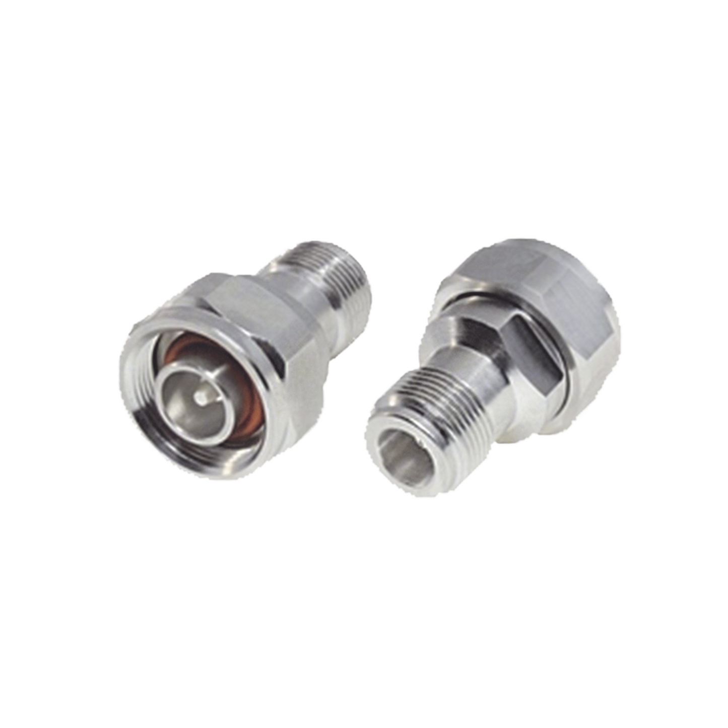 Adaptador en Línea, de N Hembra a (Mini) DIN 4.1-9.5 Macho, PIM -155 dBc, Bronce Blanco/ Plata/ Teflón.