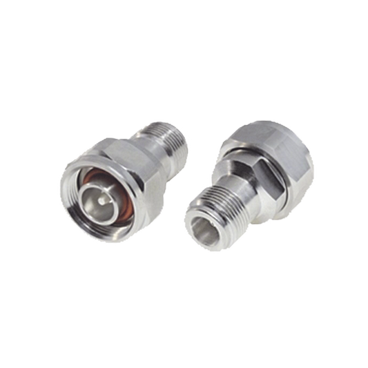Adaptador en Línea, de N Hembra a (Mini) DIN 4.1-9.5 Macho, PIM -155 dBc, Bronce Blanco/ Plata/ Teflón.