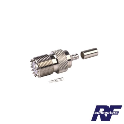 Conector UHF Hembra (SO-239) en Línea, de Anillo Plegable para Cable RG-58/U, RG-142/U, Níquel/ Plata/ Delrin.