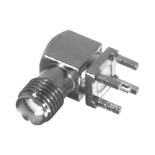 Conector SMA Hembra en Ángulo Recto con Terminal y 4 Patas para Montaje PCB, Níquel/ Oro/ Teflón.â??