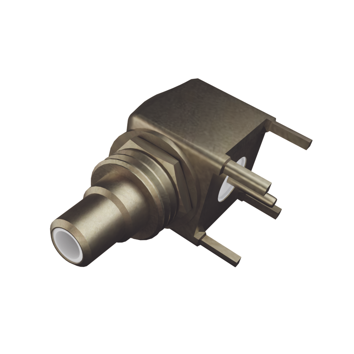 Conector SMB Hembra (PIN Macho) en Ángulo Recto para Montaje en PCB, 4 Patas, Oro/ Oro/ Teflón.â??