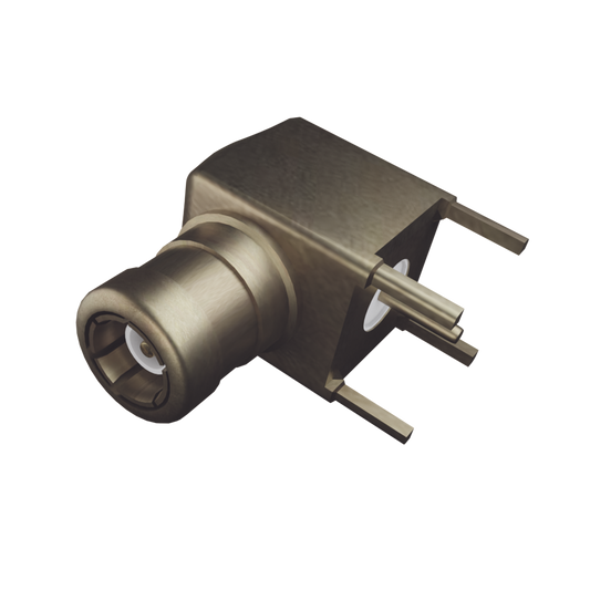 Conector SMB Macho (PIN Hembra) en Ángulo Recto, con Terminal y 4 Patas para Montaje en PCB, Oro/ Oro/ Teflón.â??