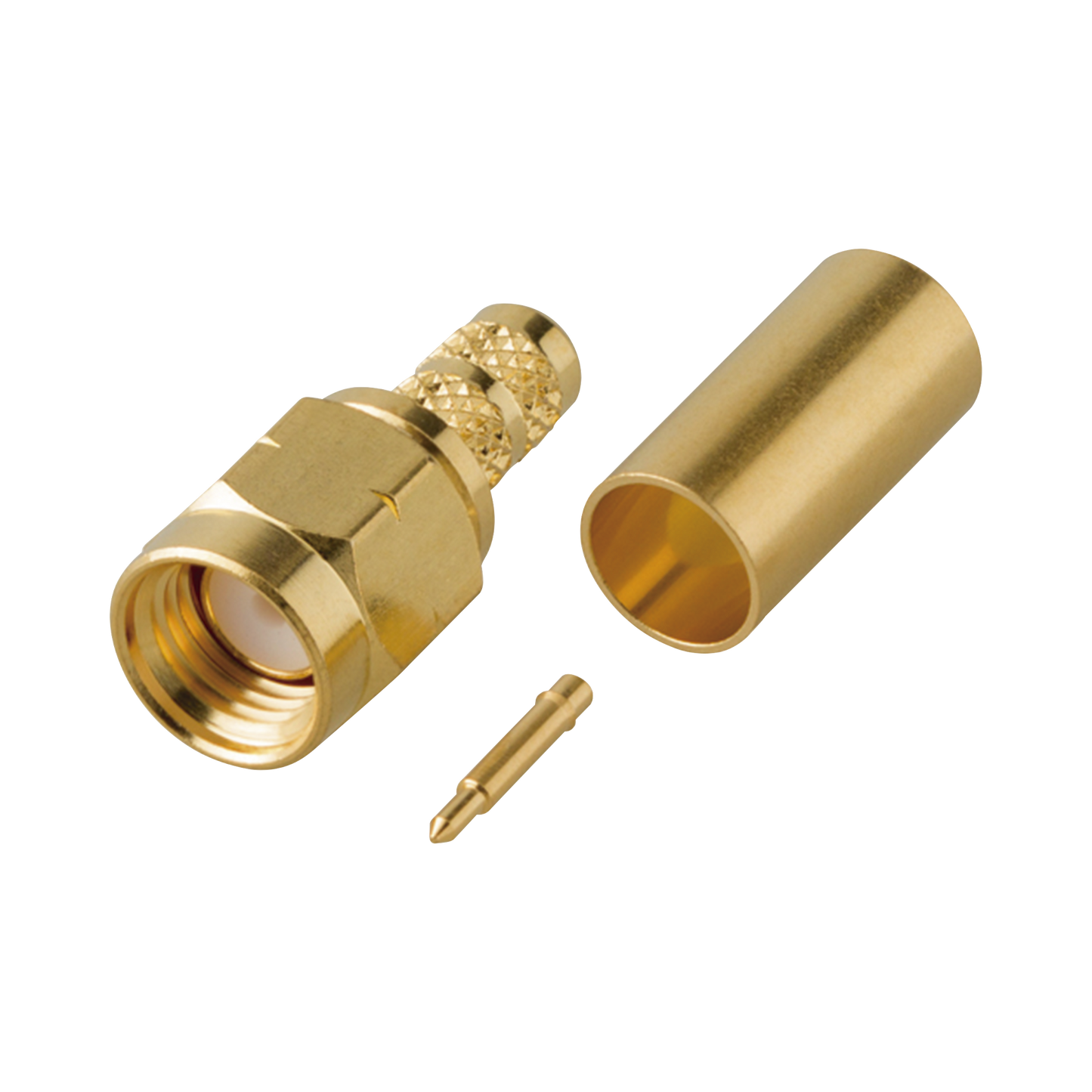 Conector SMA Macho de Rosca Izquierda, Anillo Plegable para Cable RG-58/U, Oro/ Oro/ Teflón.