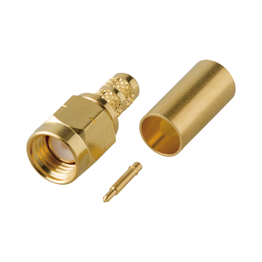 Conector SMA Macho en línea tipo Rosca Izquierda, de Anillo Plegable para Cable RG-142/U y Grupo C1, Oro/ Oro/ Teflón.