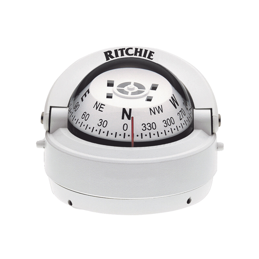 Brújula serie Explorer en color blanco para montaje en superficie, cuenta con iluminación nocturna color verde.