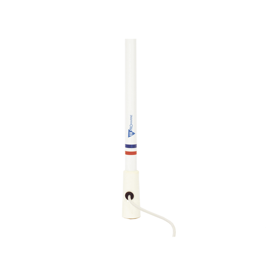 Antena marina VHF en fibra de vidrio en rango de 156 a 163 MHz, Incluye 10 metros de cable y conector PL-259 macho.
