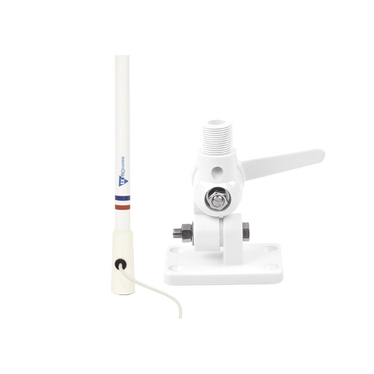 Antena marina VHF en fibra de vidrio en rango de 156 a 163 MHz con 4.5 metros de cable, Incluye: montaje de trinquete de nylon y conector PL-259 macho.