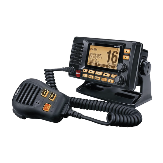 Radio Móvil Marino VHF, color negro con receptor de GPS integrado, puerto de conexión NMEA 2000, 25W de potencia de RF, sumergible IPX8.