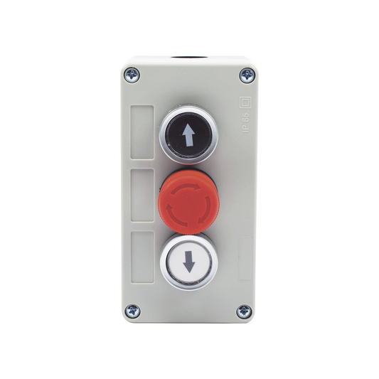 Botonera Triple con Boton de Stop Tipo Enclavado / Para Barreras Vehiculares, Operadores Corredizos y Abatibles.