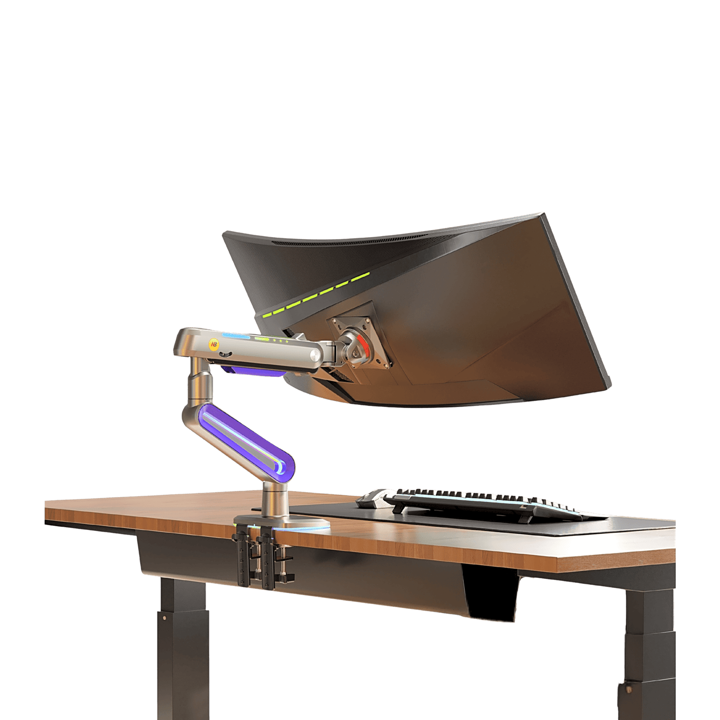 Montaje de Escritorio Ideal Para Monitores Gaming  de  32"- 60" / Capacidad de Carga Maxima 20 Kg / Vesa 75 x 75 -  100 x 100 / Acero / Giro 360° / Color Carbon Mate  con Cubierta  Plastica Color Morado /  Iluminación RGB