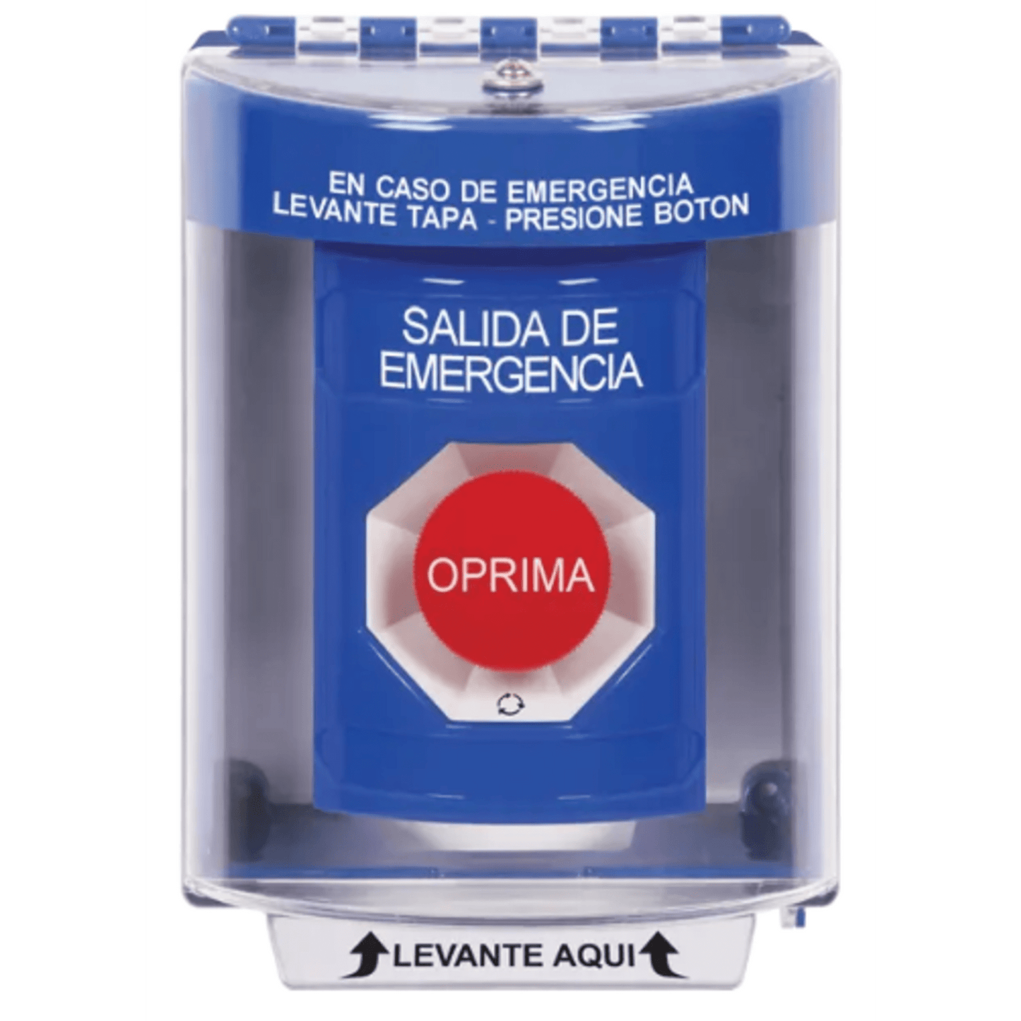 Botón Multipropósito, Color Azul, De Superficie, Con Tapa De Policarbonato, Sin Bocina, Para Interior/Exterior, Llave Para Restablecer, Texto Salida De Emergencia, Español
