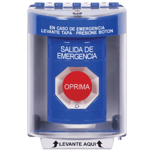 Botón Multipropósito, Color Azul, De Superficie, Con Tapa De Policarbonato, Sin Bocina, Para Interior/Exterior, Llave Para Restablecer, Texto Salida De Emergencia, Español