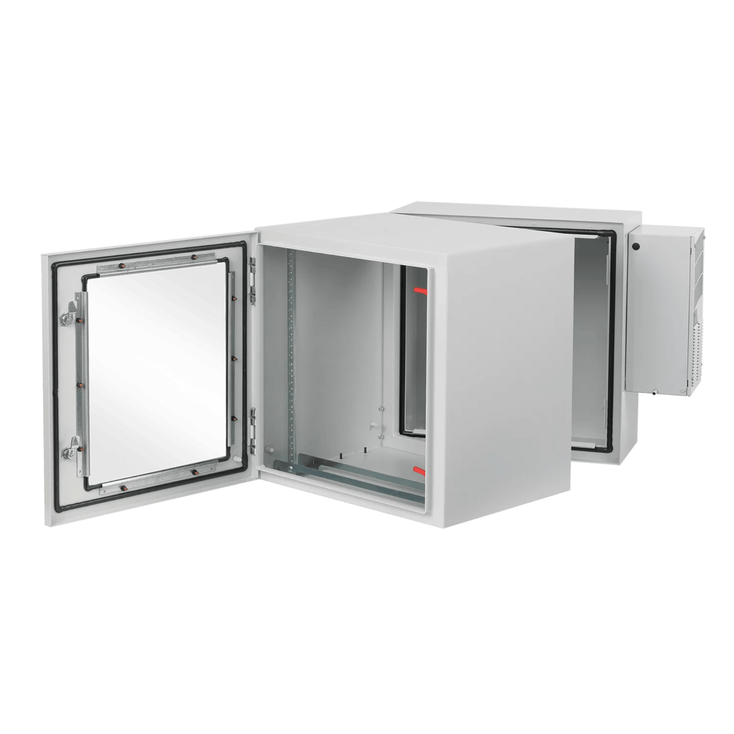 Gabinete Industrial ProTek de Puerta con Ventana, Con Aire Acondicionado de 800 BTU, Protección NEMA Tipo 4/12; IP66; IK10, Abatible, Fabricado en Acero, 19 UR, Color Gris Claro