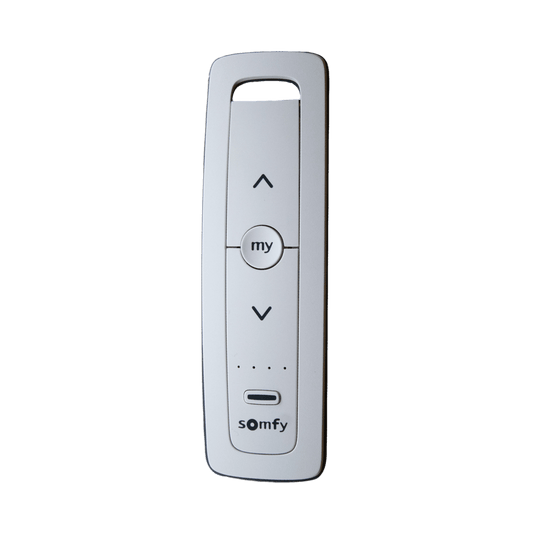 Control remoto 5 canales para motores de persiana Somfy con señal inalámbrica, instrucciones: sube, baja y detener, con posición favorita programada.