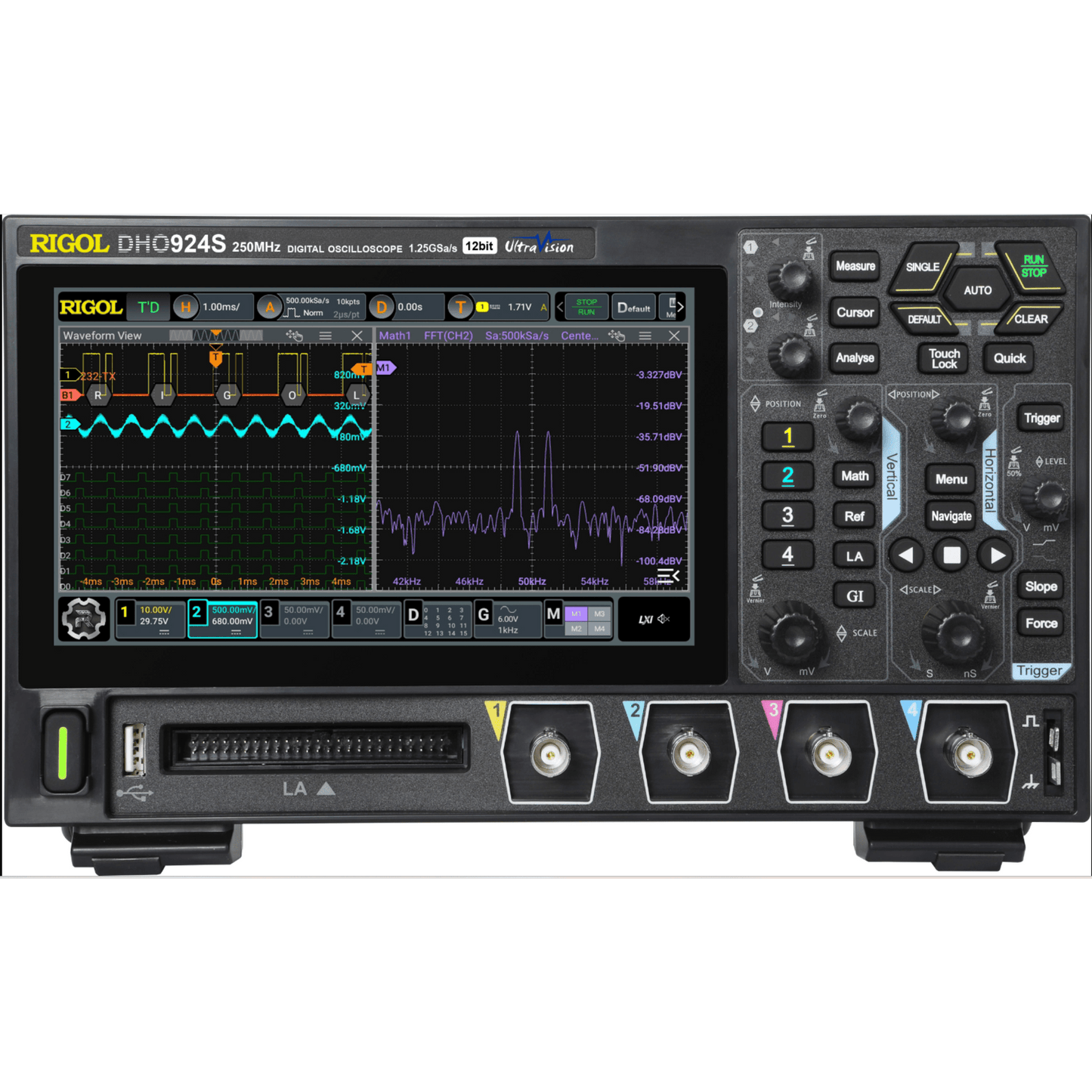 Osciloscopio Digital Rigol de 4 Canales Análogos, 250 MHz de Ancho de Banda Análoga, Vel. de Muestreo-Tiempo Real de 1.25 GS/s. con Generador de Audio (AFG)